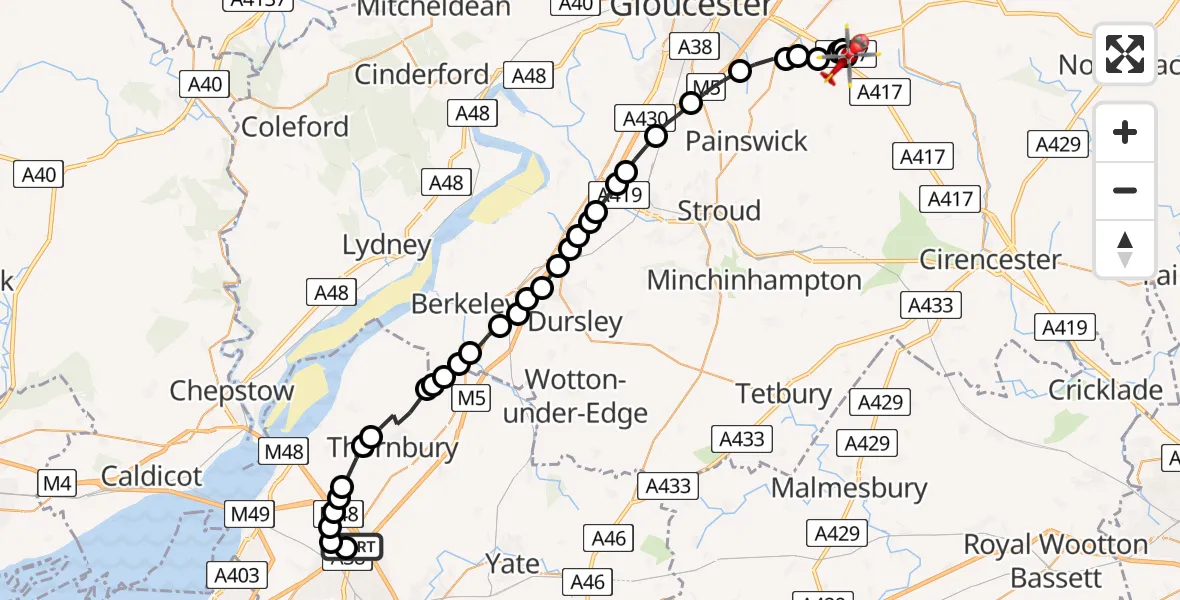 Flight route map: Air Ambulance Helicopter to Birdlip, Birdlip Bypass