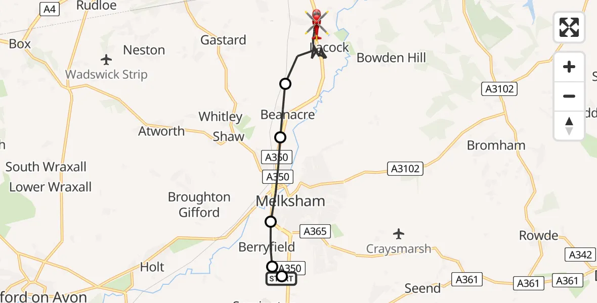 Flight route map: Air Ambulance Helicopter to Lacock, Cantax Hill