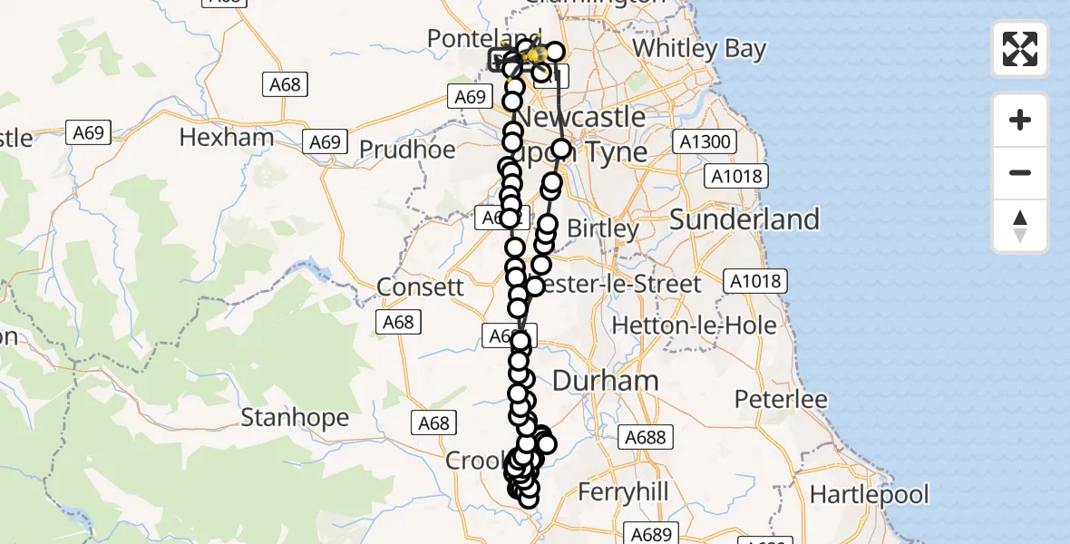 Flight route map: Police Helicopter to Newcastle International Airport, Newcastle International Airport
