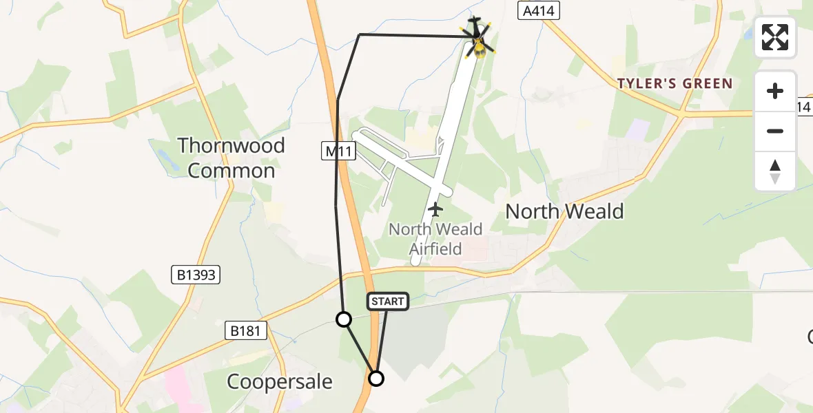 Flight route map: Police Helicopter to North Weald Airfield, North Weald Airfield