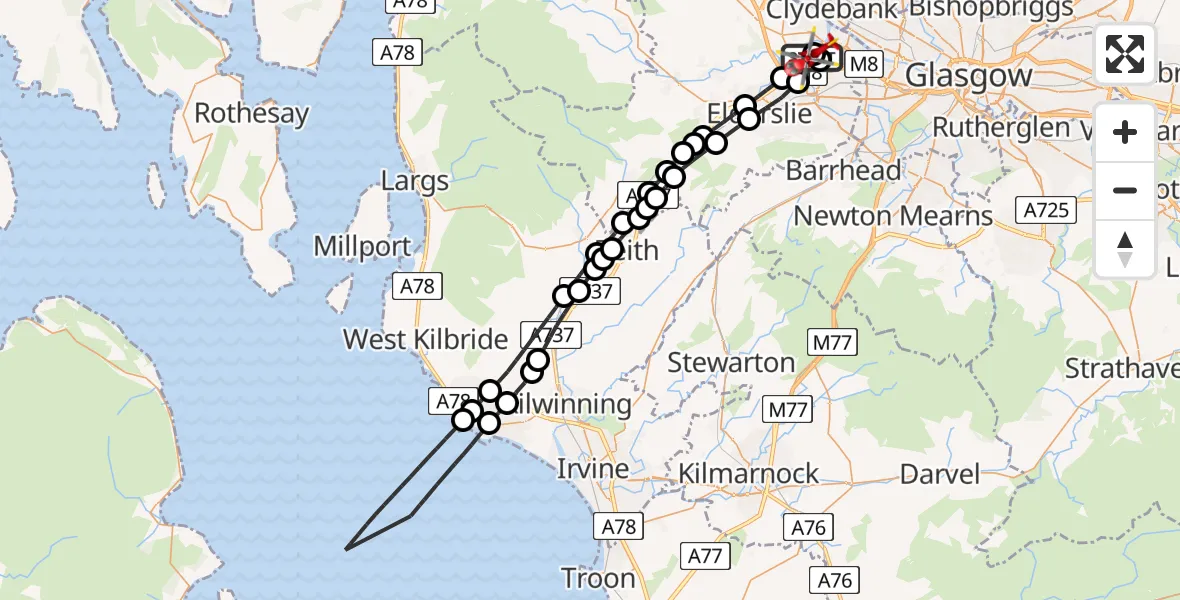 Flight path map showing Air Ambulance Helicopter route from Glasgow Airport to Glasgow Airport