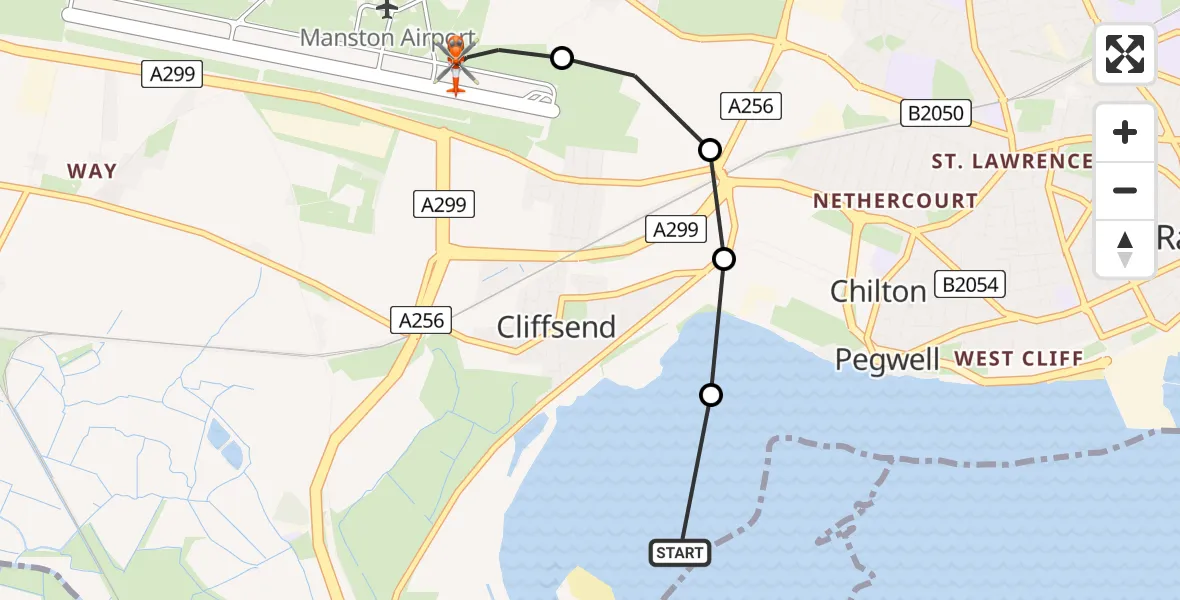 Flight route map: Coastguard Helicopter to Manston Airport, Manston Airport