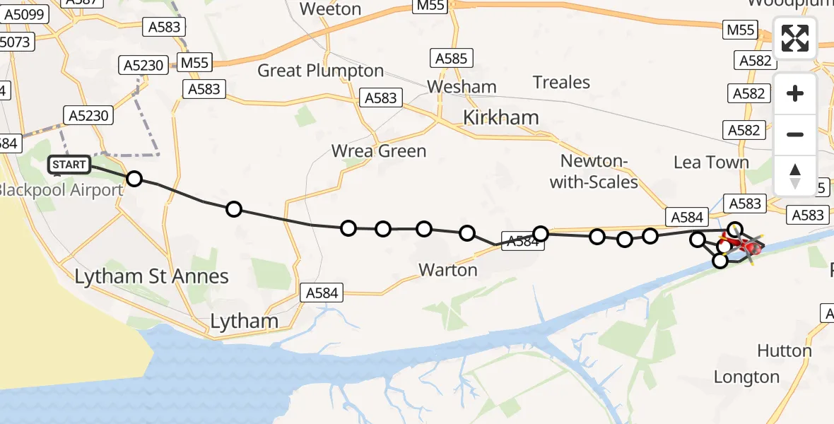 Flight route map: Air Ambulance Helicopter to Lea Town, Blackpool Road