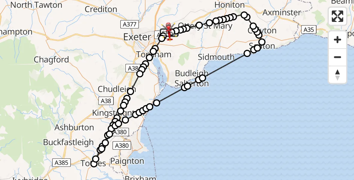 Flight route map: Air Ambulance Helicopter to Exeter International Airport, Exeter International Airport