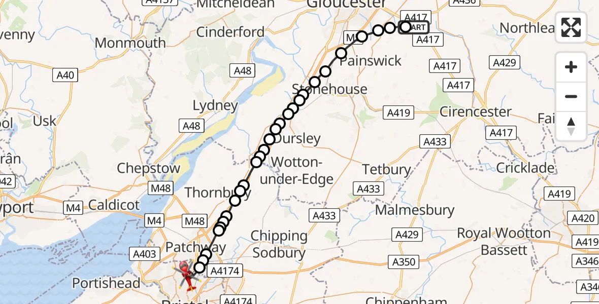 Routekaart van de vlucht: Air Ambulance Helicopter to Bristol, Southmead Road