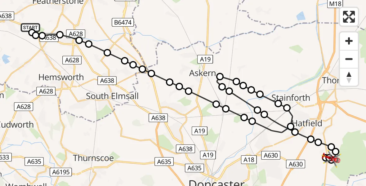 Flight route map: Air Ambulance Helicopter to Doncaster, Lancaster Drive