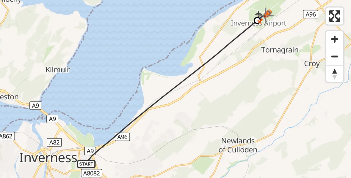 Flight path map showing Coastguard Helicopter route from Inverness to Inverness Airport