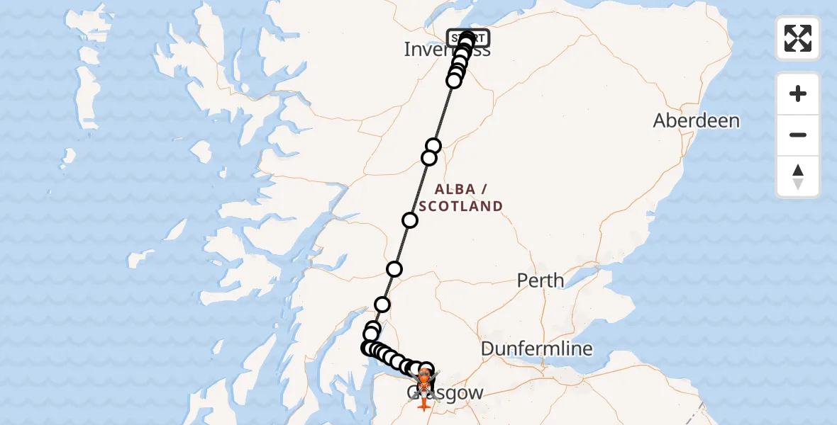 Flight path map showing Coastguard Helicopter route from Inverness Airport to Glasgow Airport