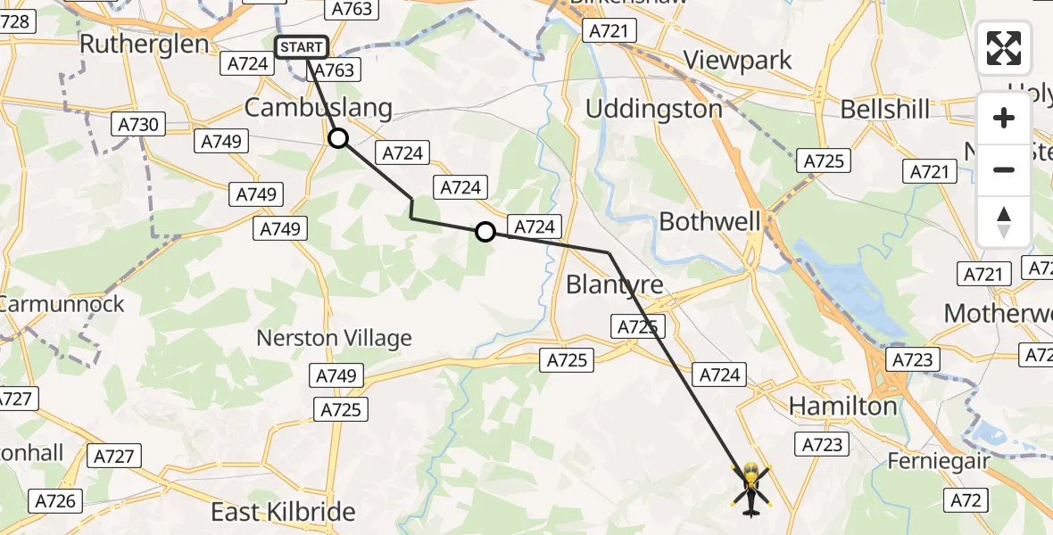 Flight path map showing Police Helicopter route from Glasgow to Hamilton