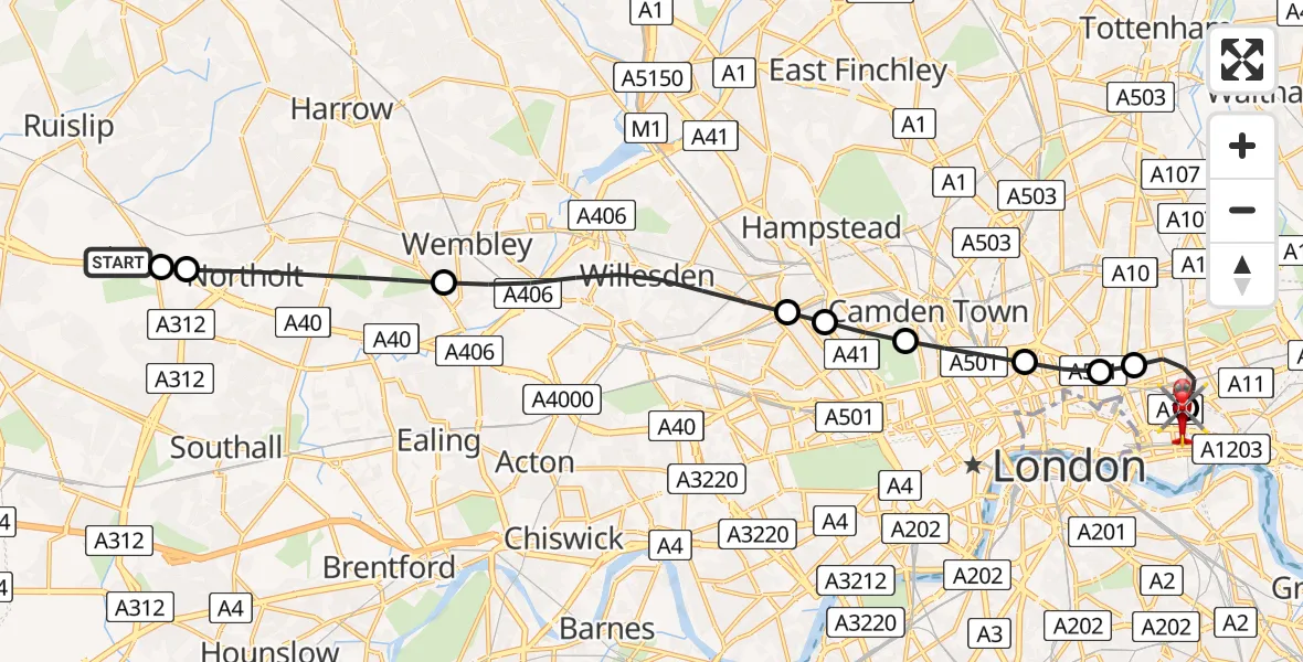 Flight route map: Air Ambulance Helicopter to Royal London Hospital, Royal London Hospital