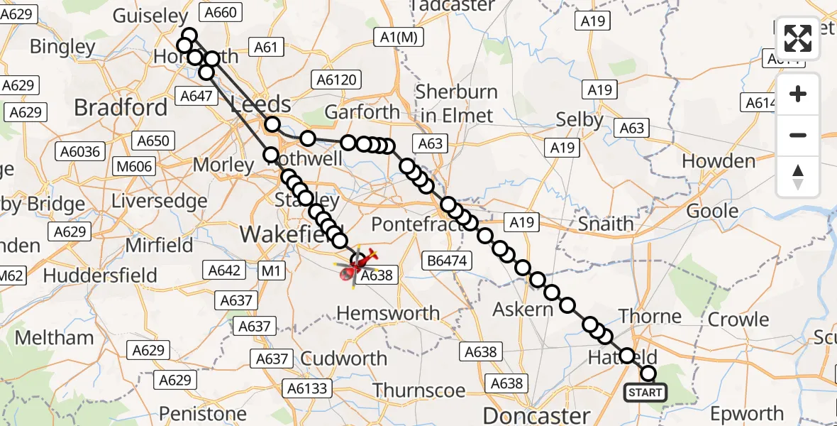 Routekaart van de vlucht: Air Ambulance Helicopter to YAA Nostell Helicopter Port, YAA Nostell Helicopter Port