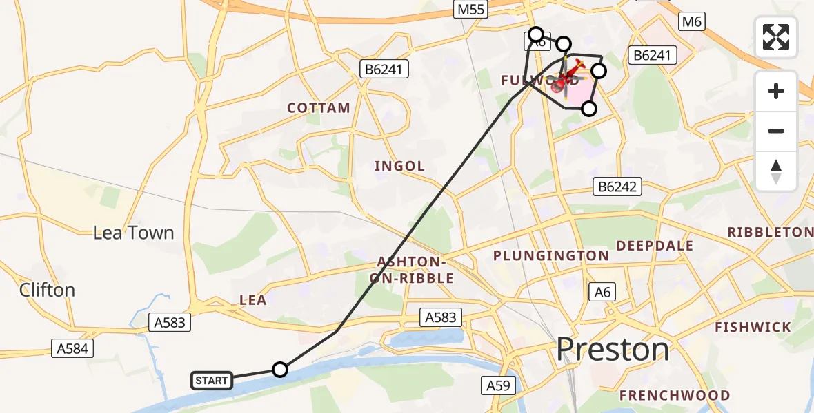 Routekaart van de vlucht: Air Ambulance Helicopter to Preston, Sharoe Green Lane