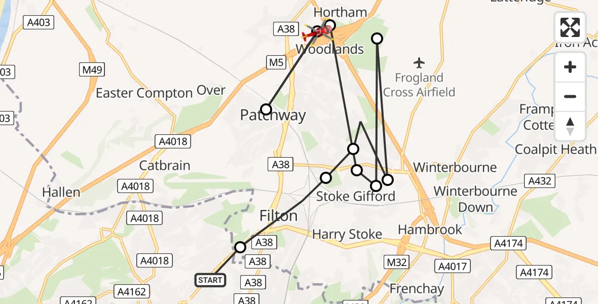 Flight route map: Air Ambulance Helicopter to Almondsbury Helicopter Base, Almondsbury Helicopter Base