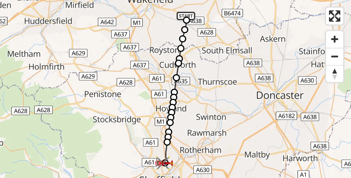 Flight route map: Air Ambulance Helicopter to Sheffield Northern Hospital, Sheffield Northern Hospital