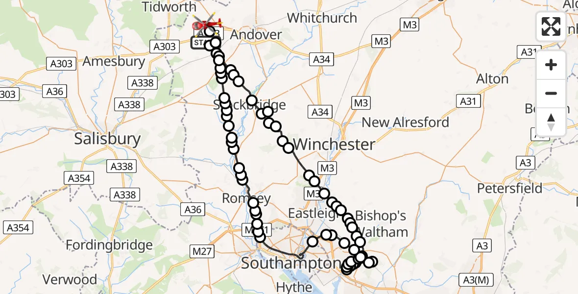 Flight route map: Air Ambulance Helicopter to Fyfield, Dark Lane