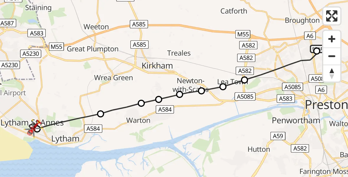Flight route map: Air Ambulance Helicopter to Lytham St Annes, Central Drive