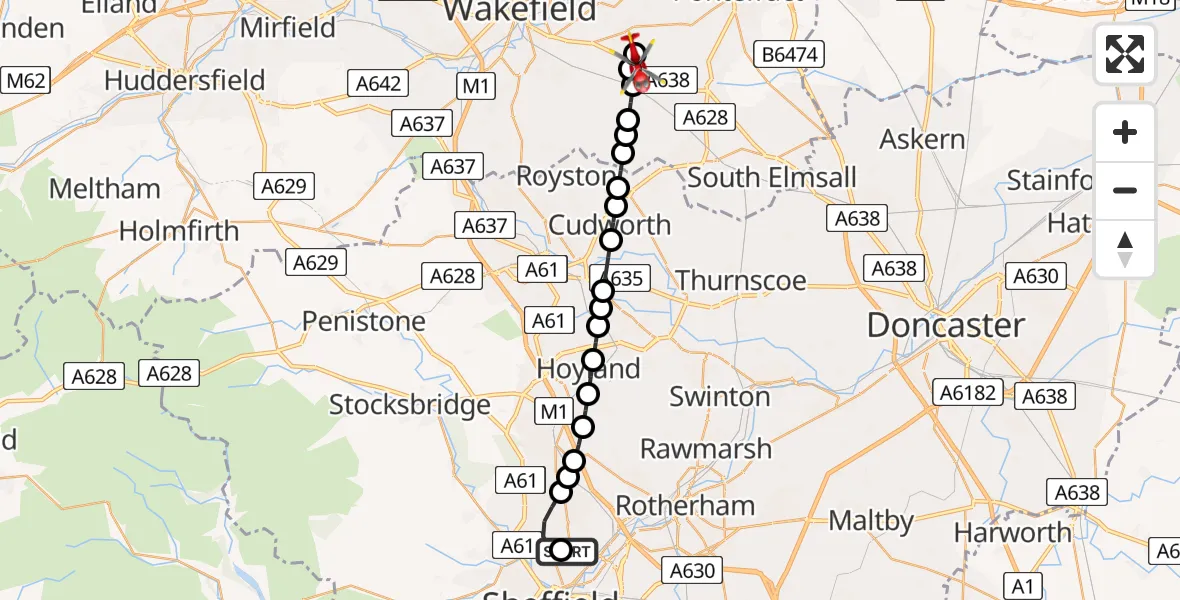 Flight route map: Air Ambulance Helicopter to YAA Nostell Helicopter Port, YAA Nostell Helicopter Port