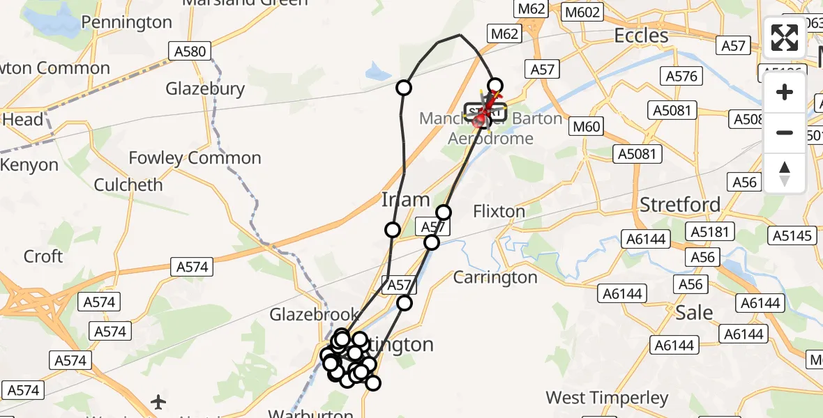 Flight path map showing Air Ambulance Helicopter route from Manchester Barton Aerodrome to Manchester Barton Aerodrome