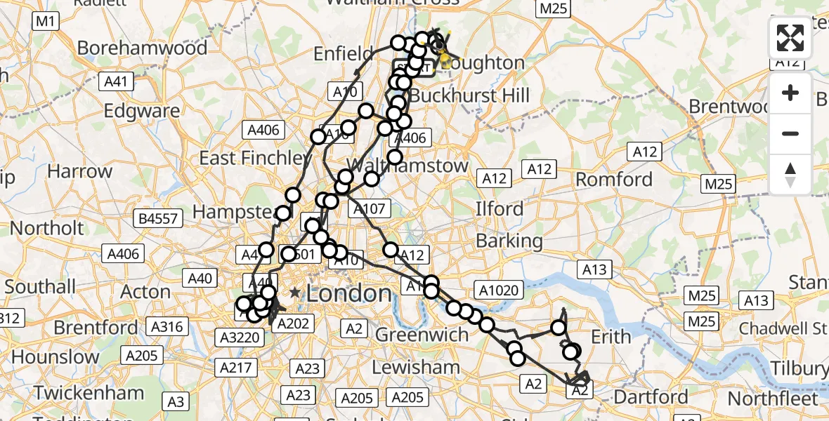 Flight route map: Police Helicopter to Sewardstonebury, Bury Road