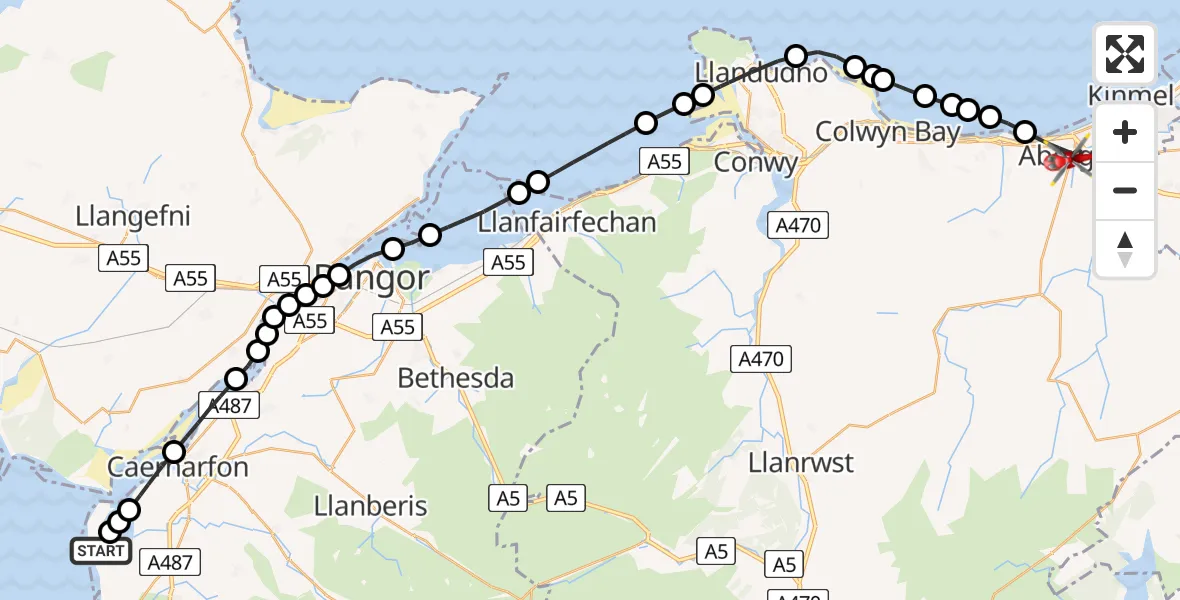 Flight route map: Air Ambulance Helicopter to Abergele, High Street