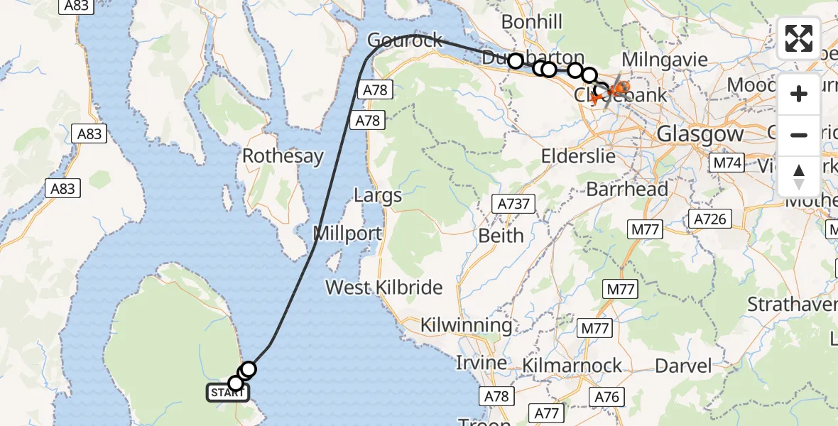 Flight route map: Coastguard Helicopter to Golden Jubilee Hospital, Golden Jubilee Hospital