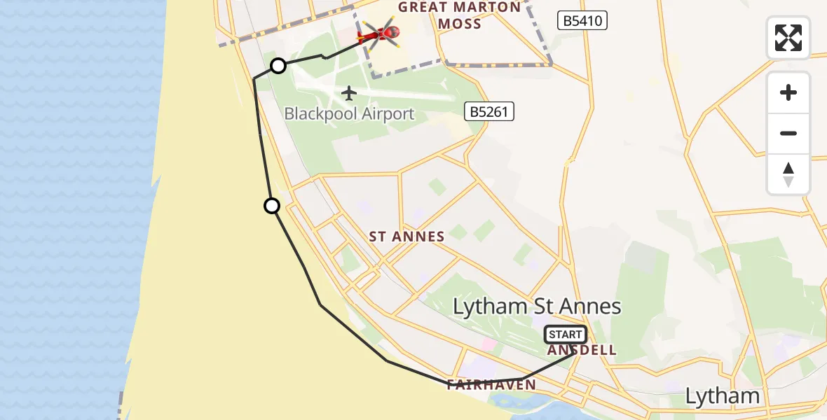 Flight route map: Air Ambulance Helicopter to Common Edge, Amy Johnson Way