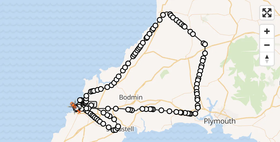 Flight route map: Coastguard Helicopter to Newquay, Newquay