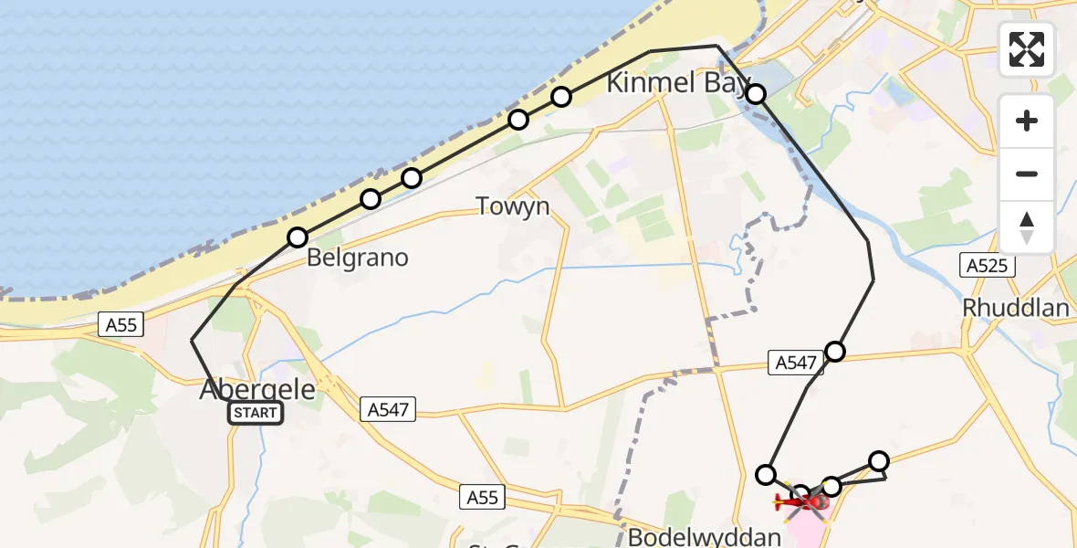 Routekaart van de vlucht: Air Ambulance Helicopter to Rhyl, Rhuddlan Road