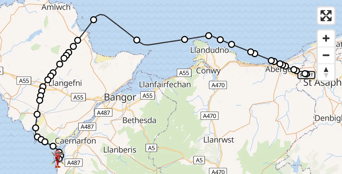 Flight route map: Air Ambulance Helicopter to Caernarfon Airport, Caernarfon Airport