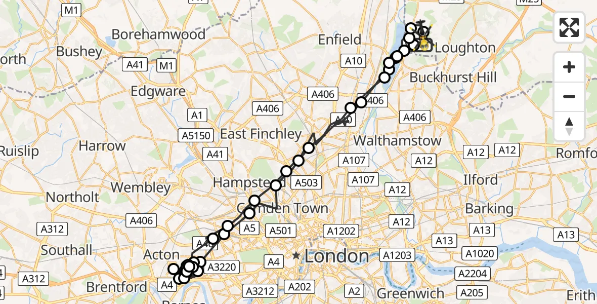 Flight route map: Police Helicopter to Sewardstonebury, Green Lane