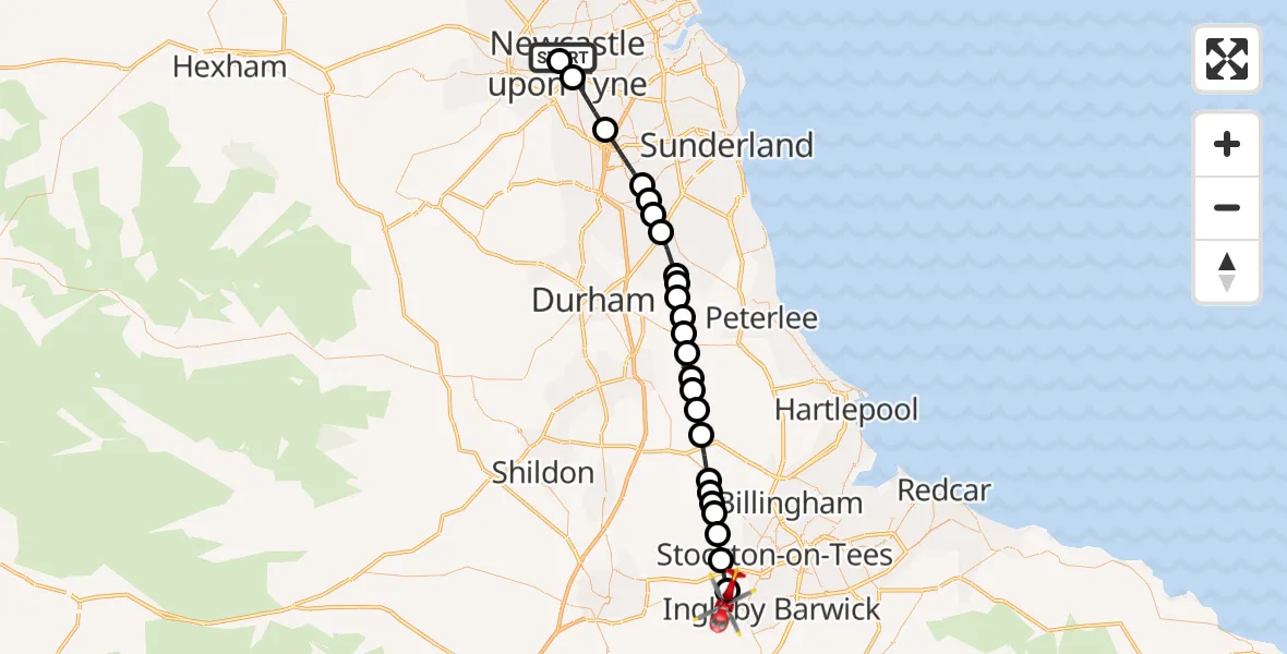 Flight route map: Air Ambulance Helicopter to Egglescliffe, Longnewton Lane
