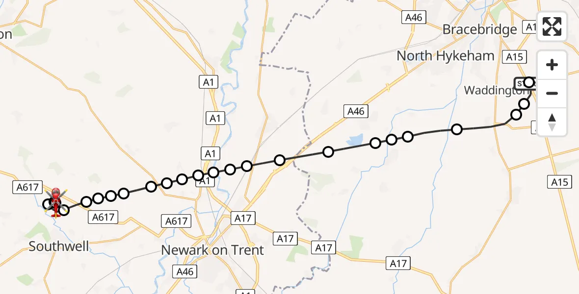 Flight route map: Air Ambulance Helicopter to Southwell CP, Corkhill Lane