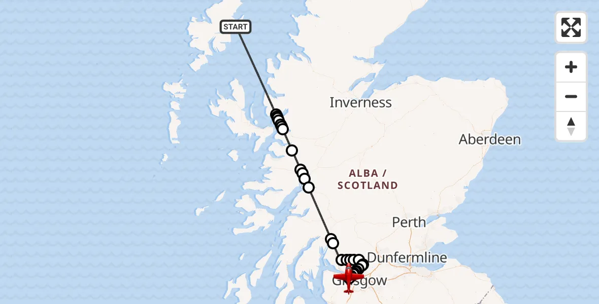 Flight path map showing Air Ambulance Aircraft route from Inner Seas to Glasgow Airport
