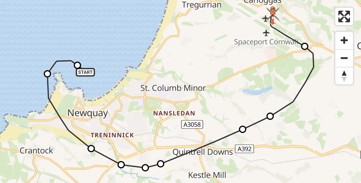 Flight route map: Coastguard Helicopter to Cornwall Airport Newquay, Cornwall Airport Newquay