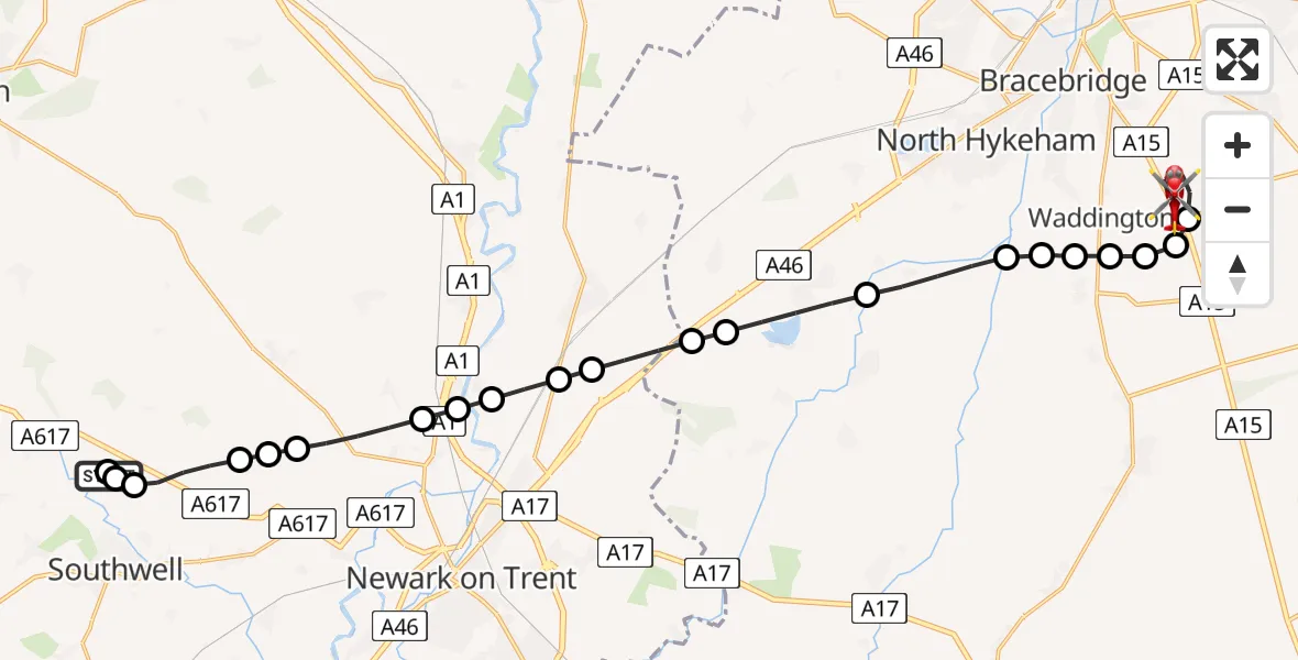 Routekaart van de vlucht: Air Ambulance Helicopter to North Kesteven, Sleaford Road