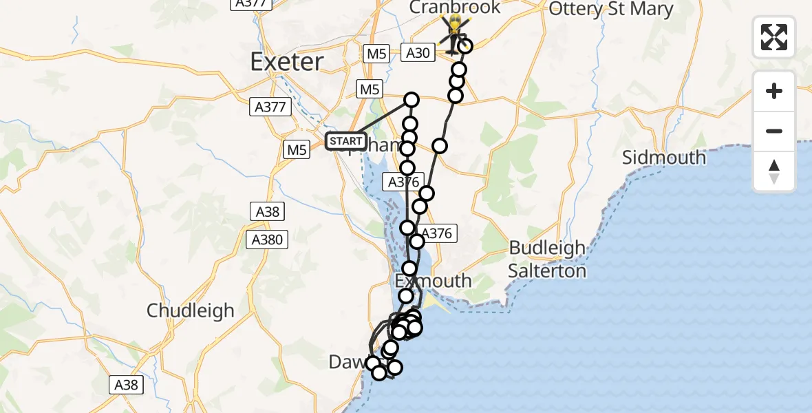Routekaart van de vlucht: Police Helicopter to Rockbeare, Westcott Road