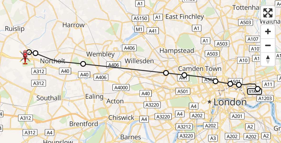 Flight route map: Air Ambulance Helicopter to RAF Northolt, RAF Northolt