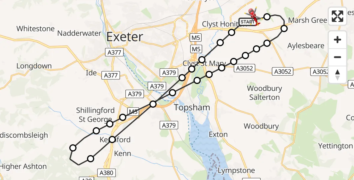 Flight route map: Air Ambulance Helicopter to Exeter International Airport, Exeter International Airport