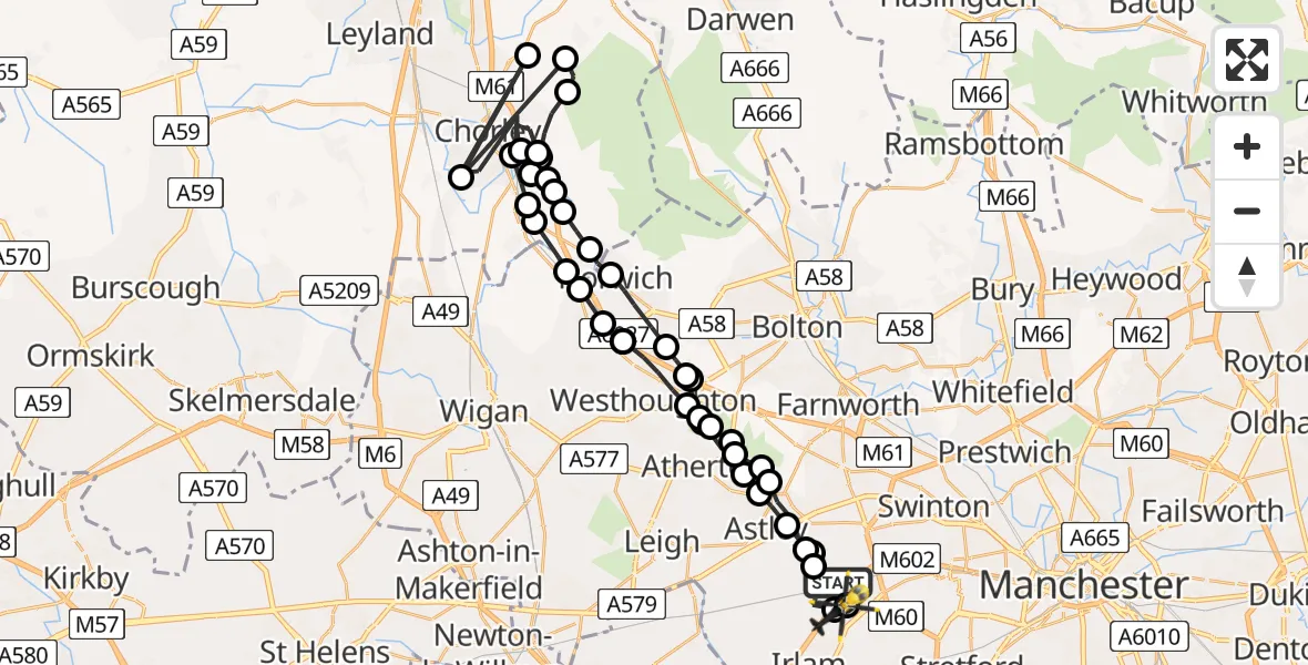 Flight path map showing Police Helicopter route from Irlam to Irlam