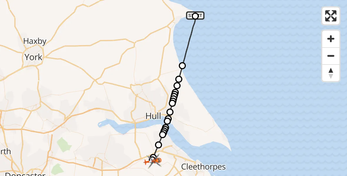 Flight route map: Coastguard Helicopter to Humberside Airport, Humberside Airport
