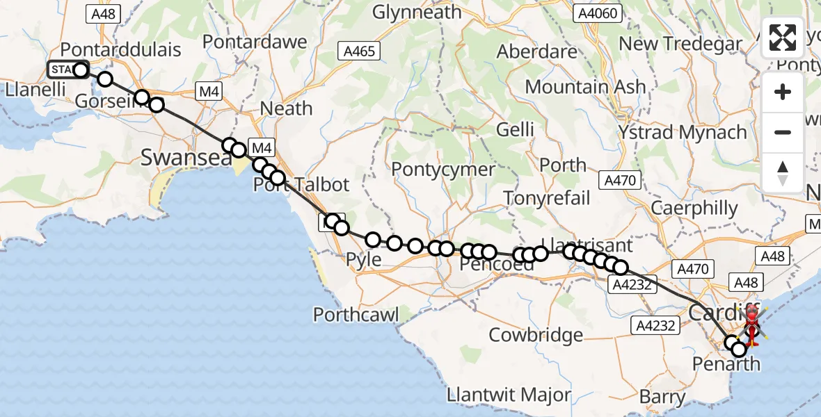 Flight route map: Air Ambulance Helicopter to Cardiff Heliport, Cardiff Heliport