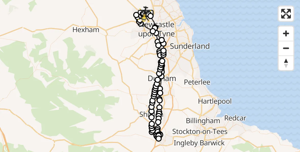 Flight route map: Police Helicopter to Newcastle International Airport, Newcastle International Airport