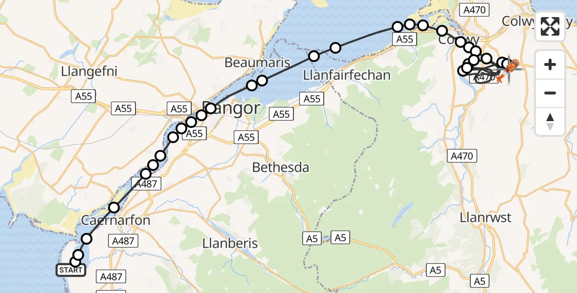 Flight route map: Coastguard Helicopter to Pentrefelin, B5381