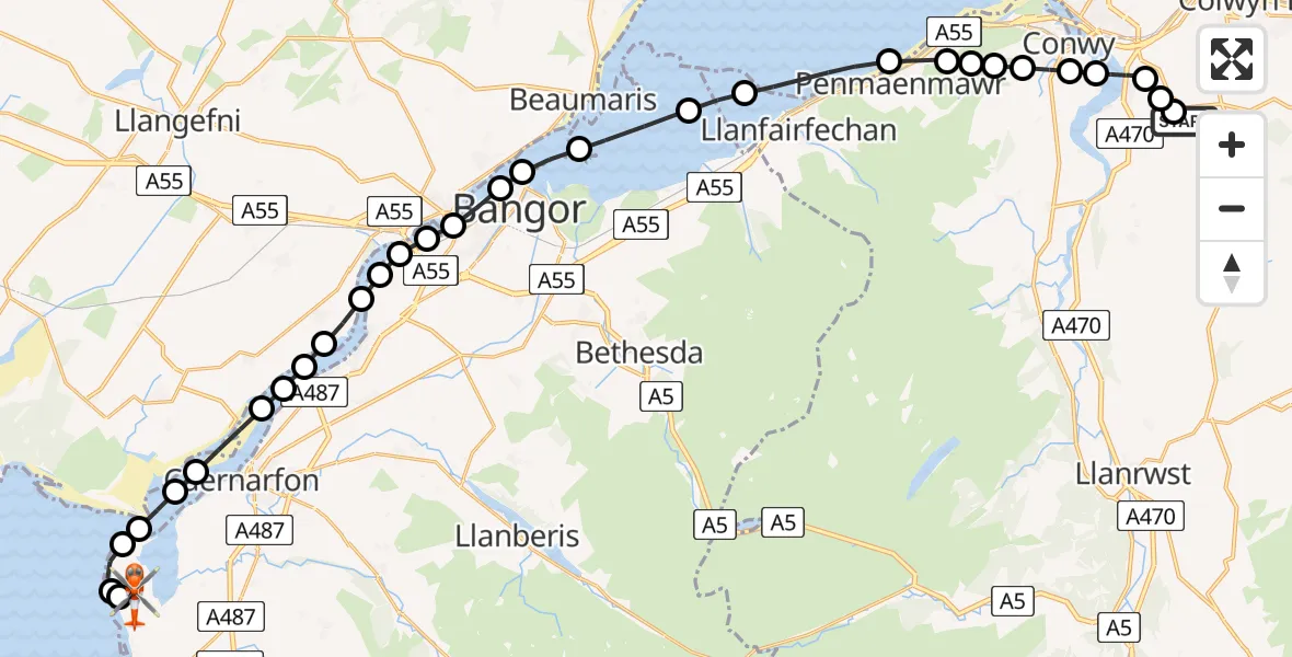Routekaart van de vlucht: Coastguard Helicopter to Caernarfon Airport, Caernarfon Airport