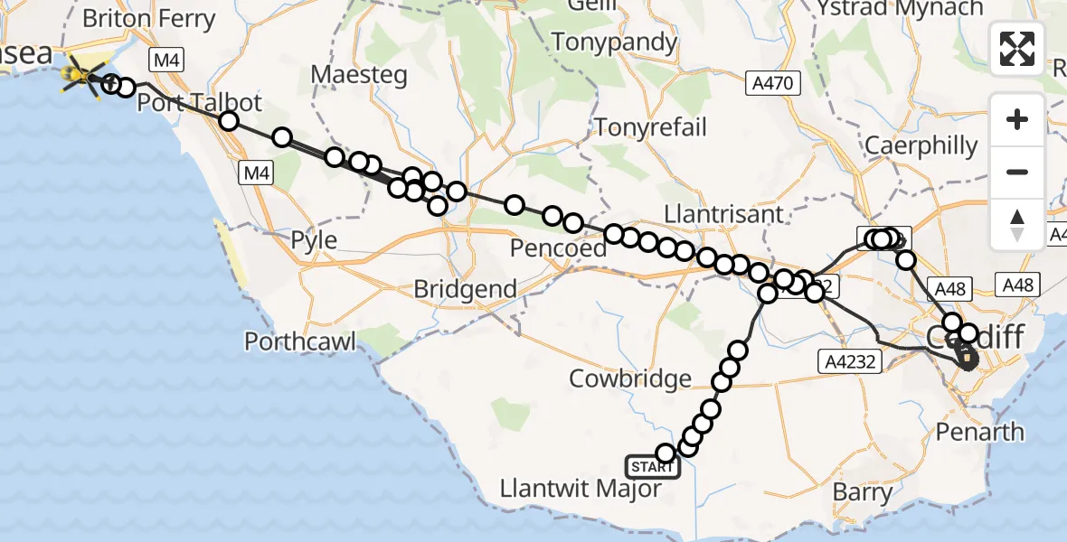 Flight route map: Police Helicopter to Bristol Channel, Bristol Channel