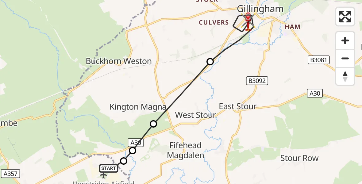 Flight route map: Air Ambulance Helicopter to Gillingham, Stour Meadows