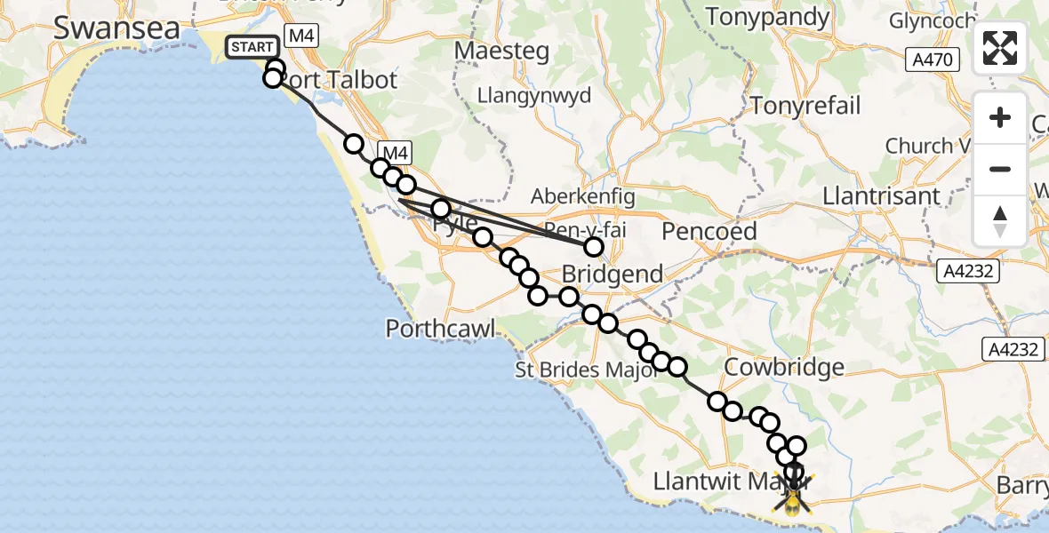 Flight route Police Helicopter Briton Ferry - MOD St Athan, 02 February 2026, 02:42