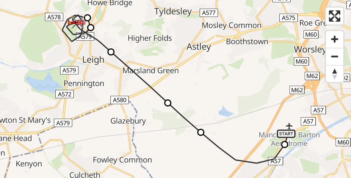 Flight route Air Ambulance Helicopter Manchester Barton Aerodrome - Leigh, 02 February 2026, 08:51