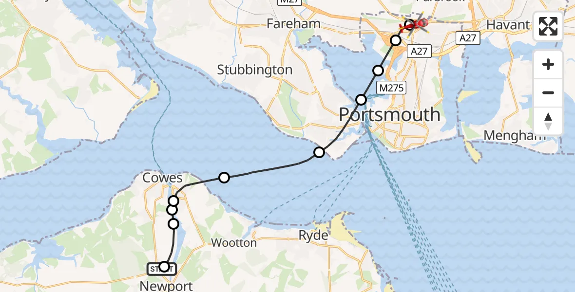Flight route Air Ambulance Helicopter St Marys Hospital Isle Of Wight - Queen Alexandra Hospital, 02 February 2026, 08:57
