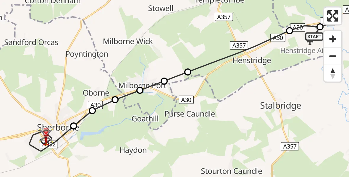 Flight route Air Ambulance Helicopter Henstridge Airfield - Sherborne, 02 February 2026, 09:27